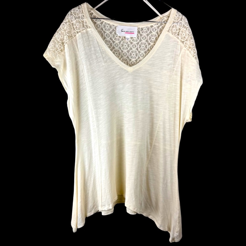 Two by Vince Camuto Tribal Beat Lace Inset Shark Bite Hem Shirt Top Chalk Sz XL